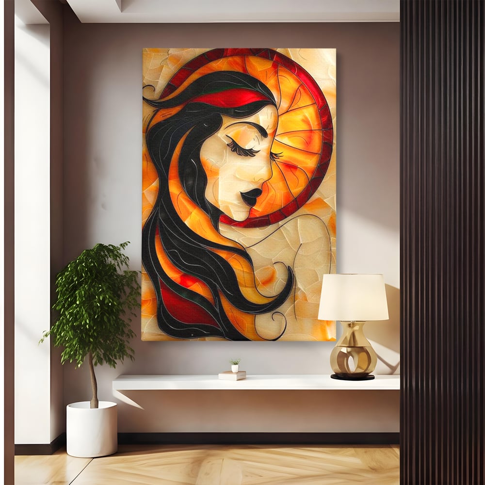 Tablou canvas cu tablou canvas cu profil de femeie stil vitraliu, fara rama, pe sasiu de lemn